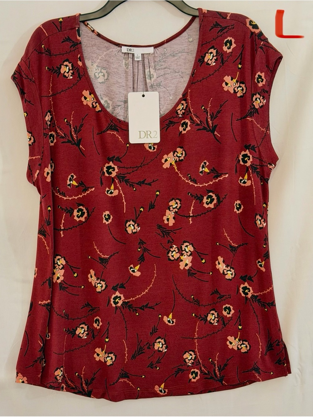DR2 Burgundy Short Sleeve Scoop Neck Top with Pink Floral Print